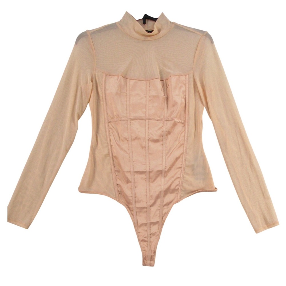 Guess Womens Peach Mesh Corset Bodice Long Sleeve Mock Neck Bodysuit L 3469